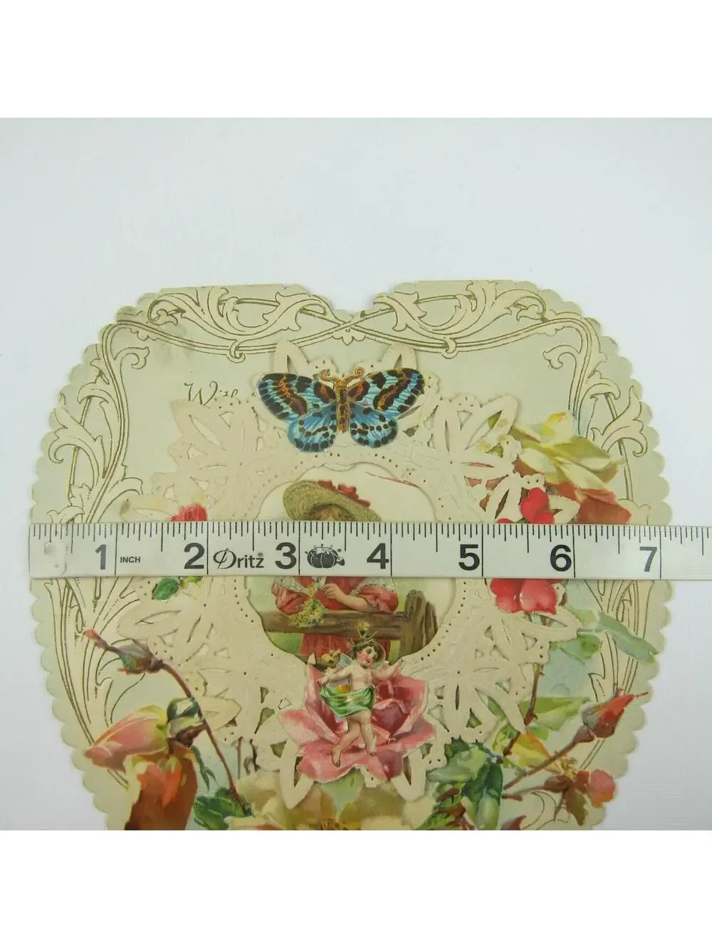 Antique Valentine Die cut Heart LARGE Girl Red Dress Hat Butterfly Cupid Flowers